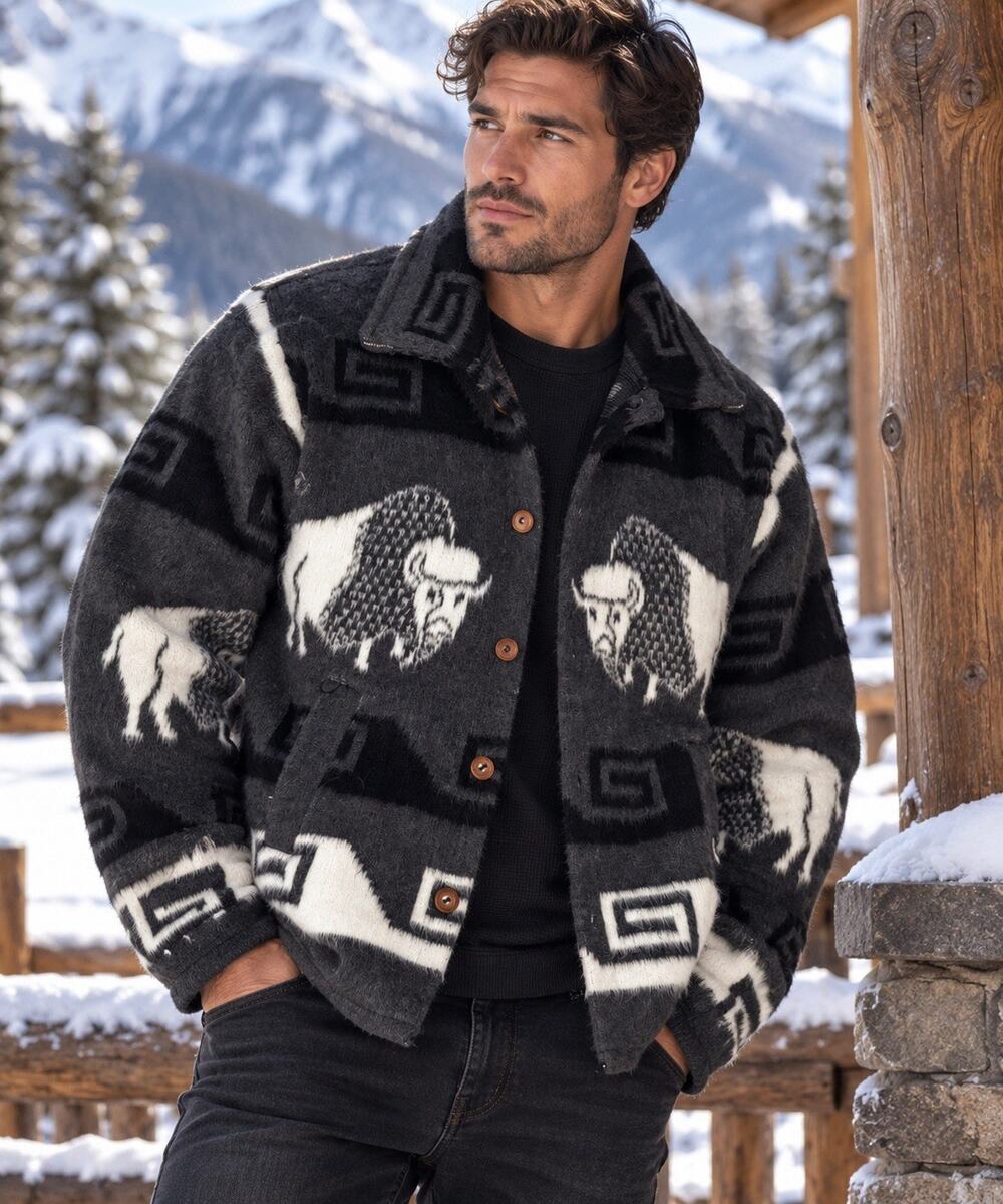 VTG Inca Imports Ecuador Bison Buffalo Southwestern Blanket Jacket Coat Men’s L